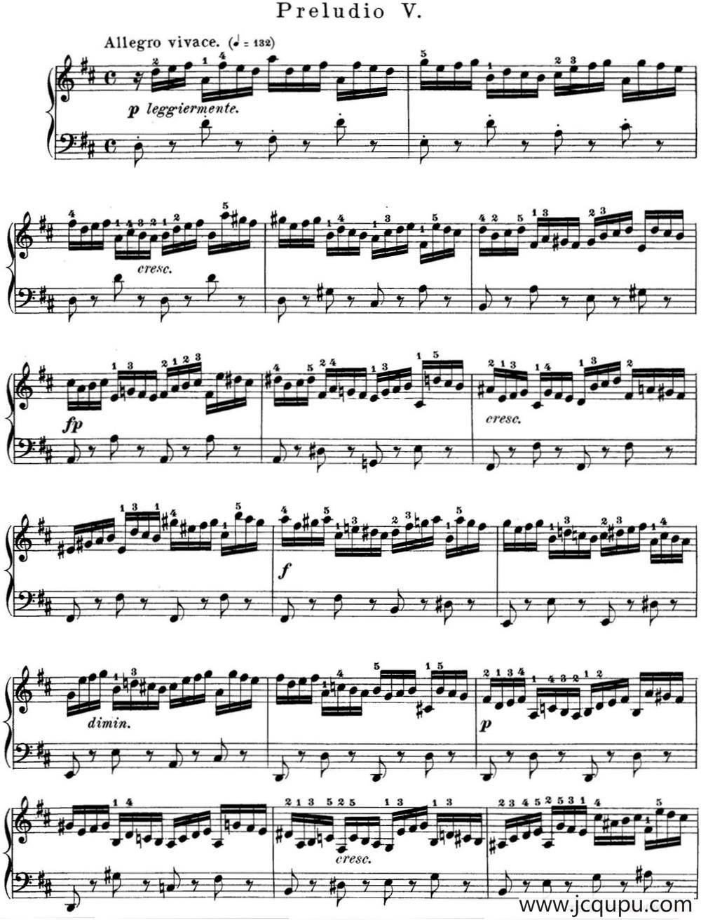 巴赫《平均律钢琴曲集·第一卷》之前奏曲（NO.5）简谱