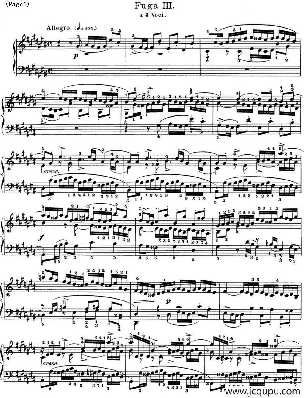 巴赫《平均律钢琴曲集·第一卷》之赋格曲（NO.3）简谱