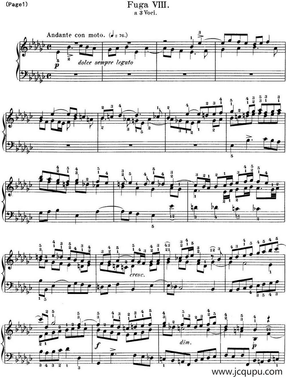 巴赫《平均律钢琴曲集·第一卷》之赋格曲（NO.8）简谱