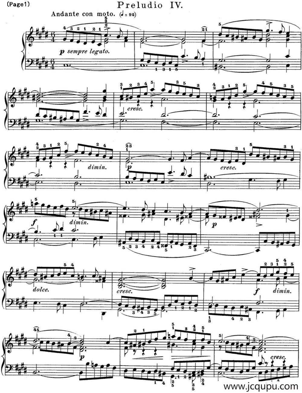 巴赫《平均律钢琴曲集·第一卷》之前奏曲（NO.4）简谱