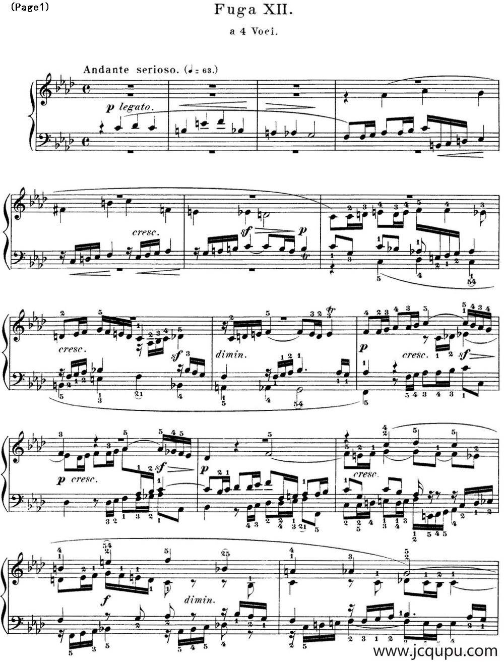 巴赫《平均律钢琴曲集·第一卷》之赋格曲（NO.12）简谱