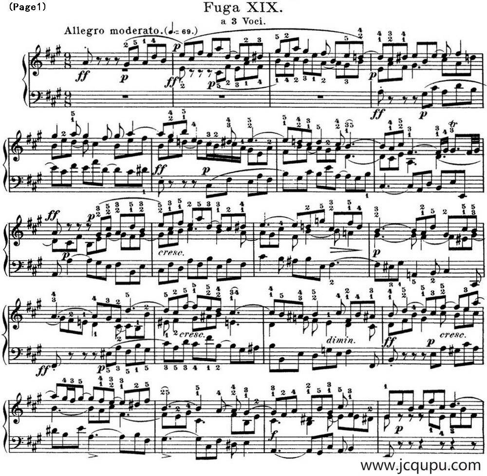 巴赫《平均律钢琴曲集·第一卷》之赋格曲（NO.19）简谱