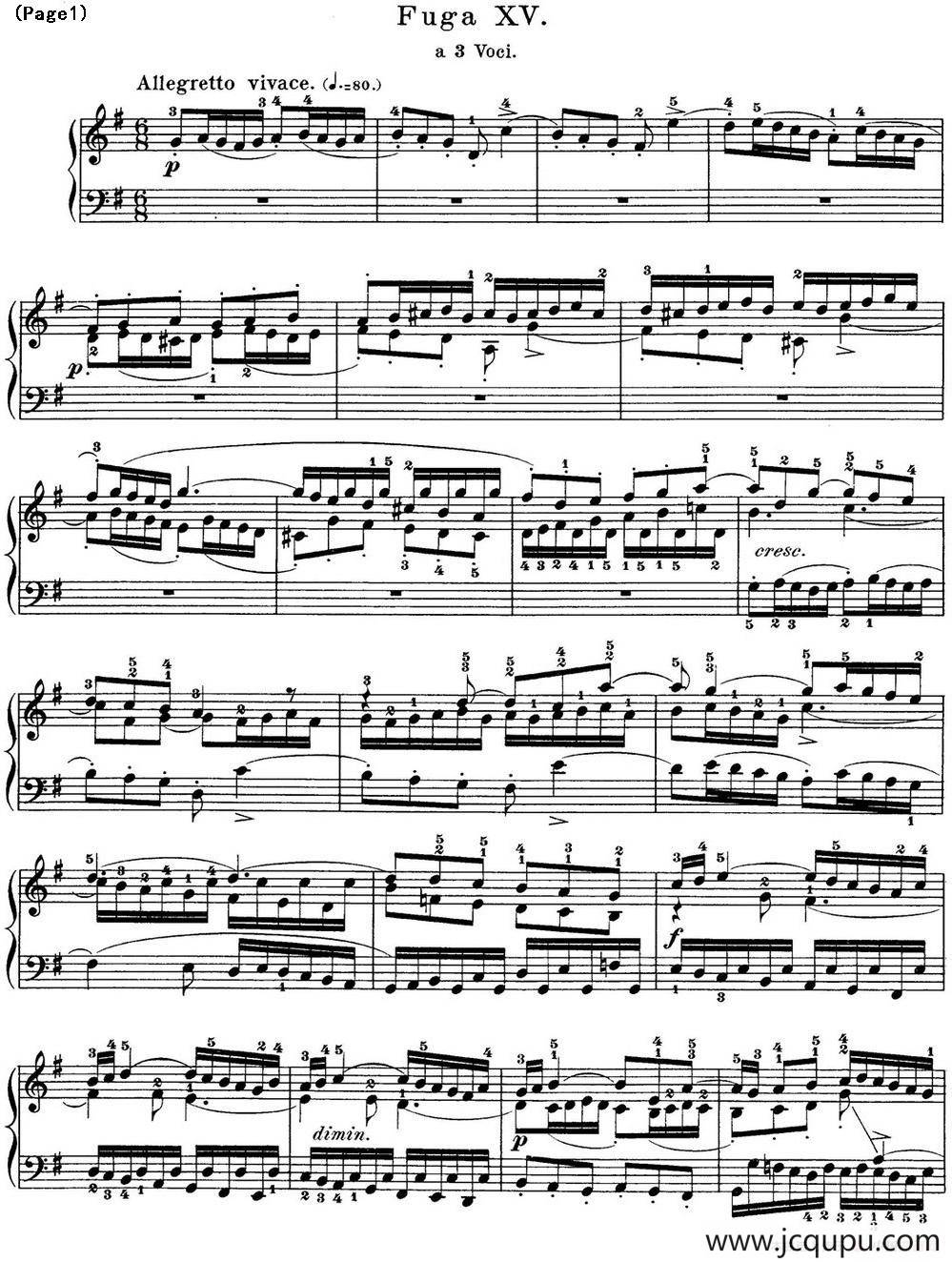 巴赫《平均律钢琴曲集·第一卷》之赋格曲（NO.15）简谱
