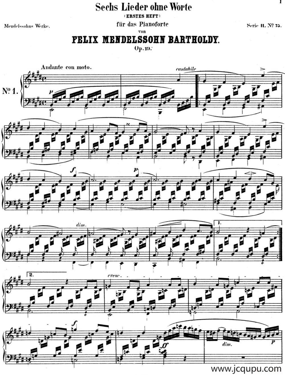 门德尔松无词歌Op.19（NO.1）简谱