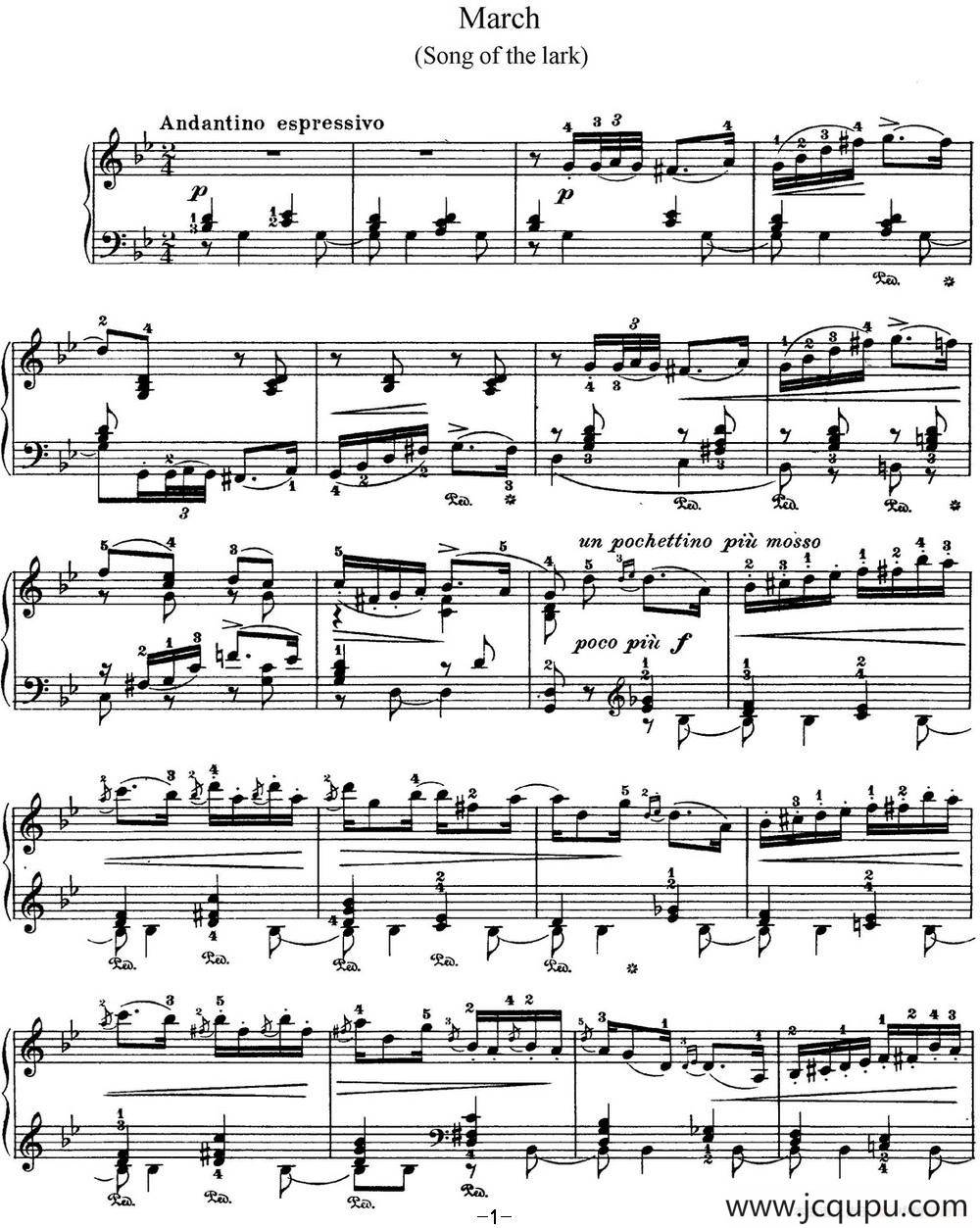 柴可夫斯基 四季 3月 云雀之歌 g小调 Song of the Lark G minor简谱