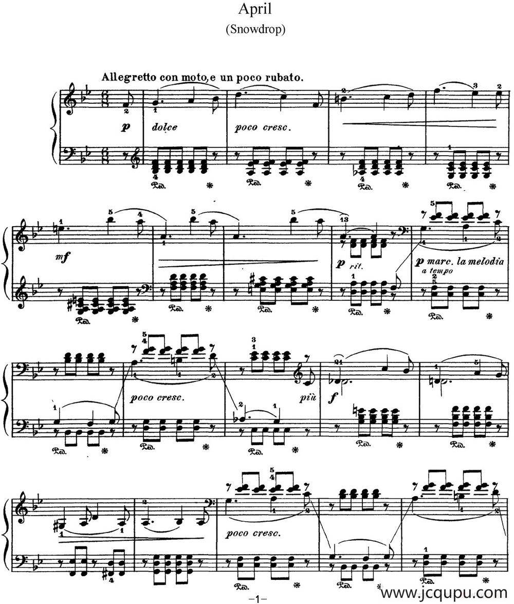 柴可夫斯基 四季 4月 松雪草 降B大调 Snowdrop B flat major简谱