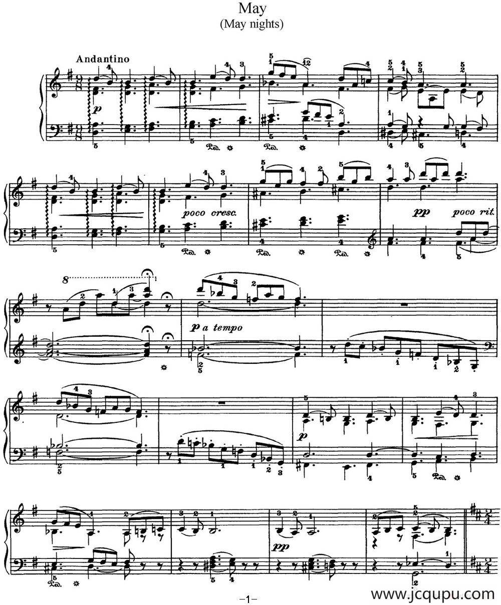 柴可夫斯基 四季 5月 清净之夜 G大调 Starlit Nights G major简谱