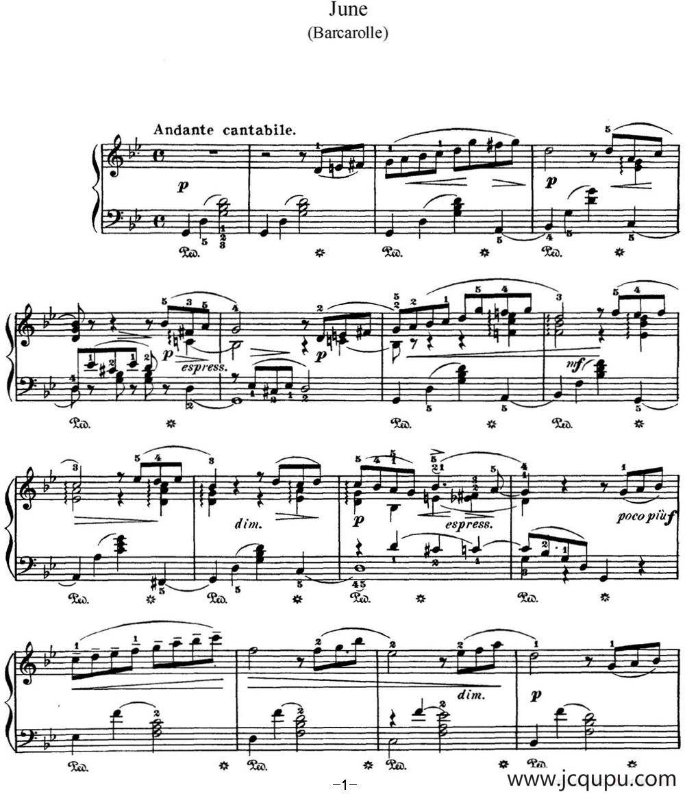 柴可夫斯基 四季 6月 船歌 g小调 Barcarolle G minor简谱