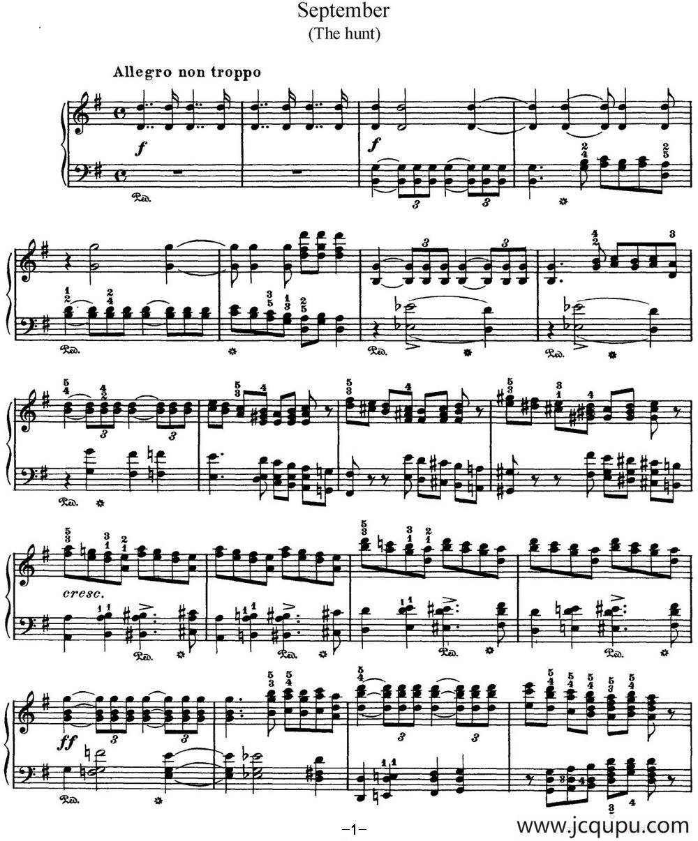 柴可夫斯基 四季 9月 狩猎之歌 G大调 The Hunt G major简谱