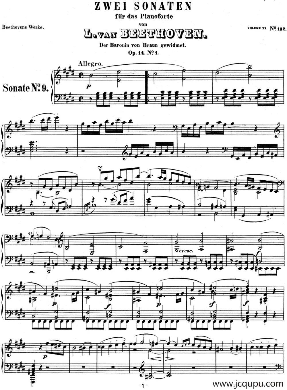 贝多芬钢琴奏鸣曲09 E大调 Op.14 No.1 E major简谱