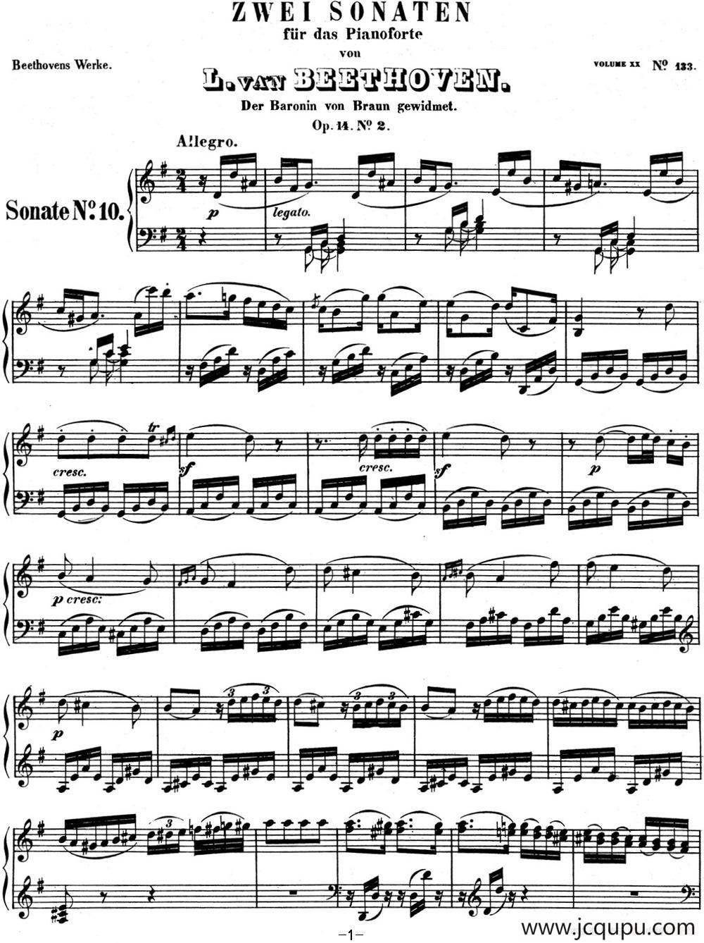 贝多芬钢琴奏鸣曲10 G大调 Op.14 No.2 G major简谱