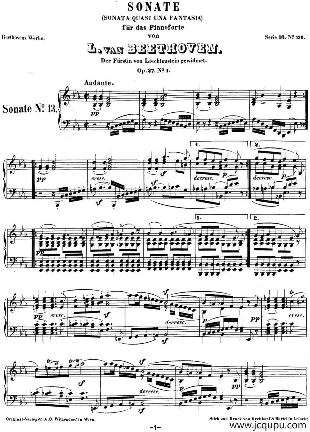 贝多芬钢琴奏鸣曲13 幻想奏鸣曲 降E大调 Op.27 No.1 E-flat major简谱