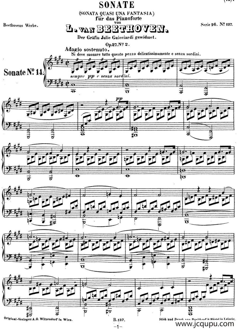 贝多芬钢琴奏鸣曲14 月光 升c小调 Op.27 No.2 C-sharp minor简谱