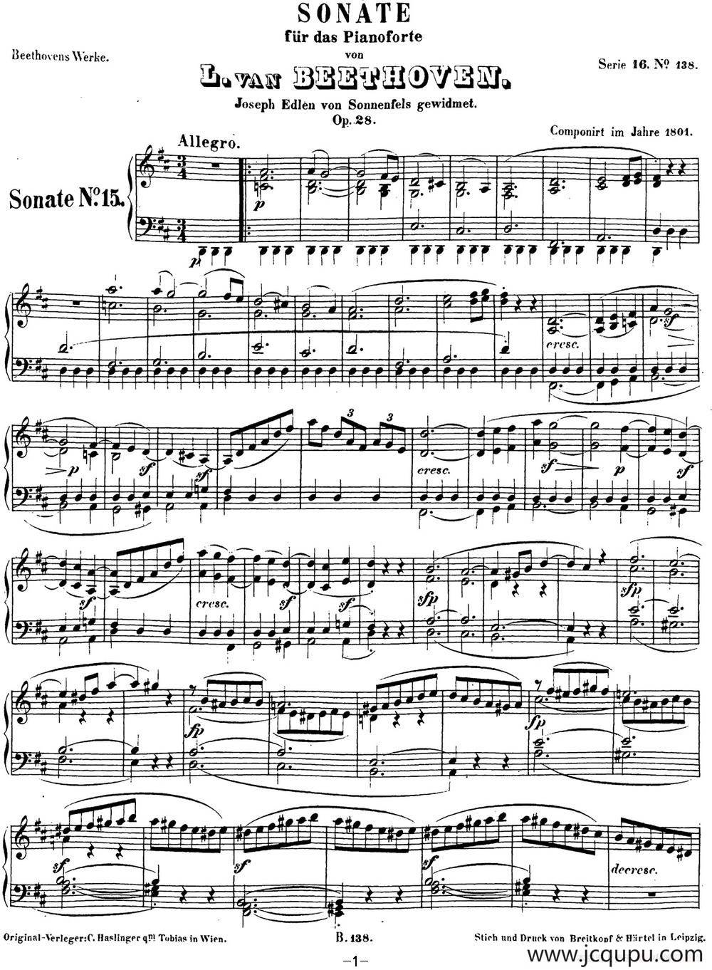 贝多芬钢琴奏鸣曲15 田园 D大调 Op.28 D major简谱