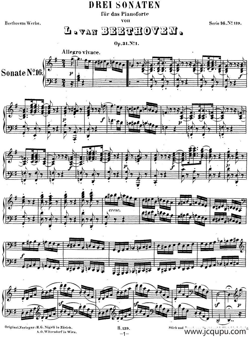 贝多芬钢琴奏鸣曲16 G大调 Op.31 No.1 G major简谱