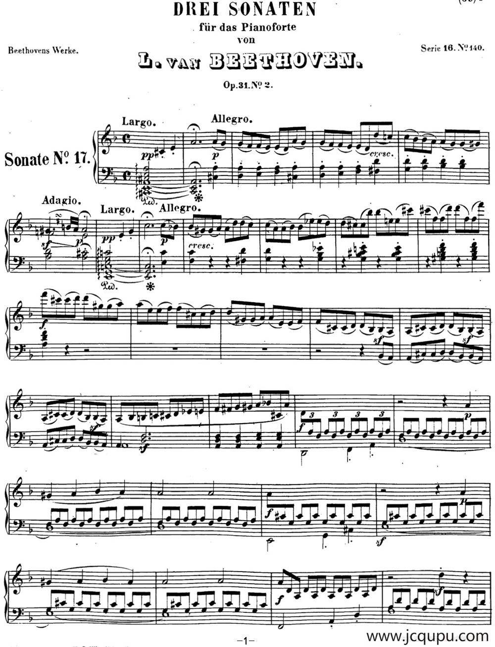 贝多芬钢琴奏鸣曲17 暴风雨 d小调 Op.31 No.2 D minor简谱