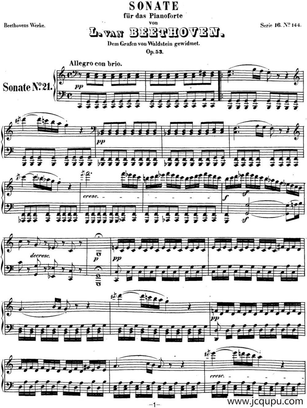 贝多芬钢琴奏鸣曲21 黎明（华尔斯坦） C大调 Op.53 C major简谱