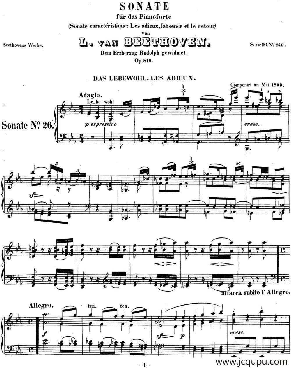 贝多芬钢琴奏鸣曲26 告别 降E大调 Op.81a E-flat major简谱