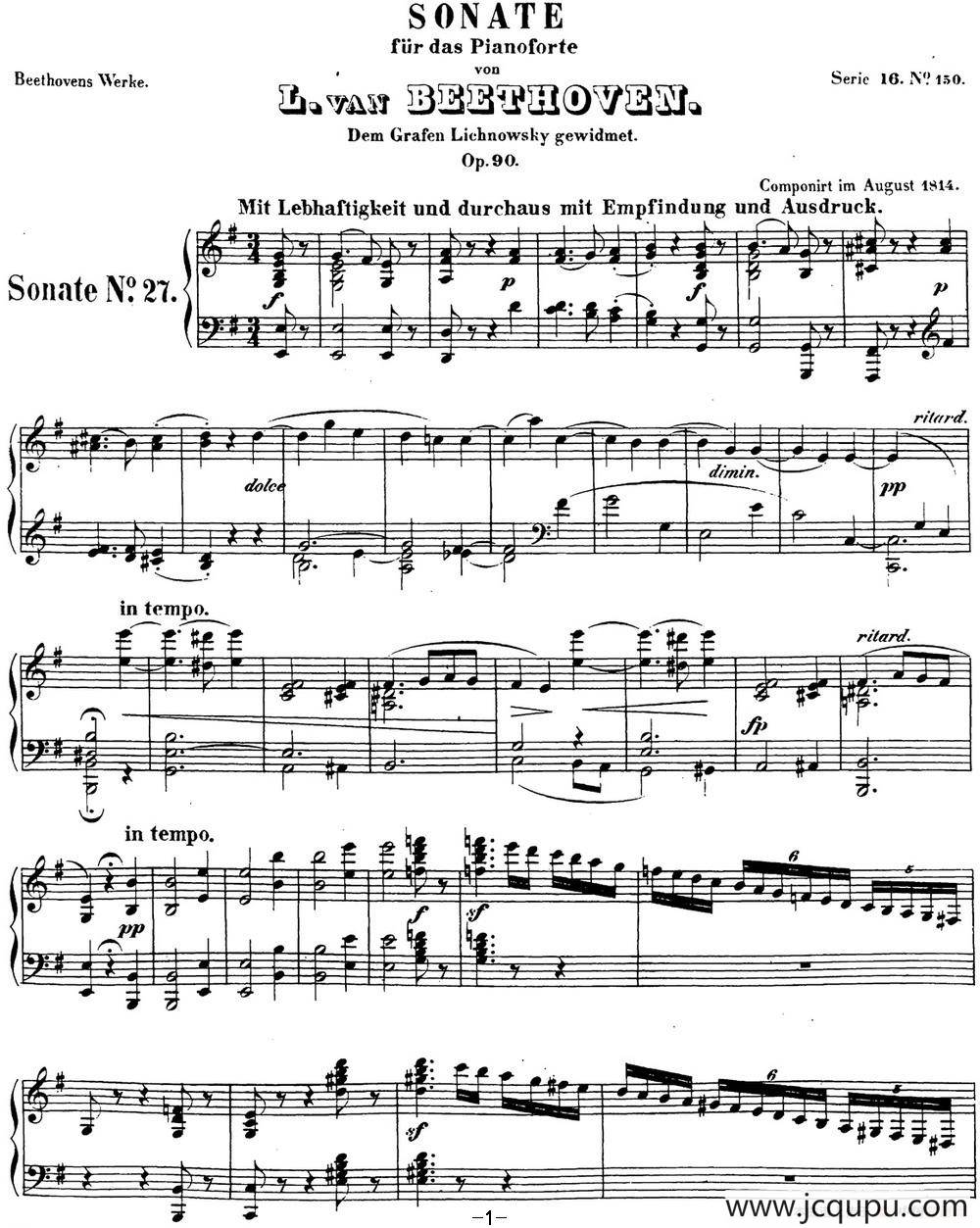 贝多芬钢琴奏鸣曲27 e小调 Op.90 E minor简谱