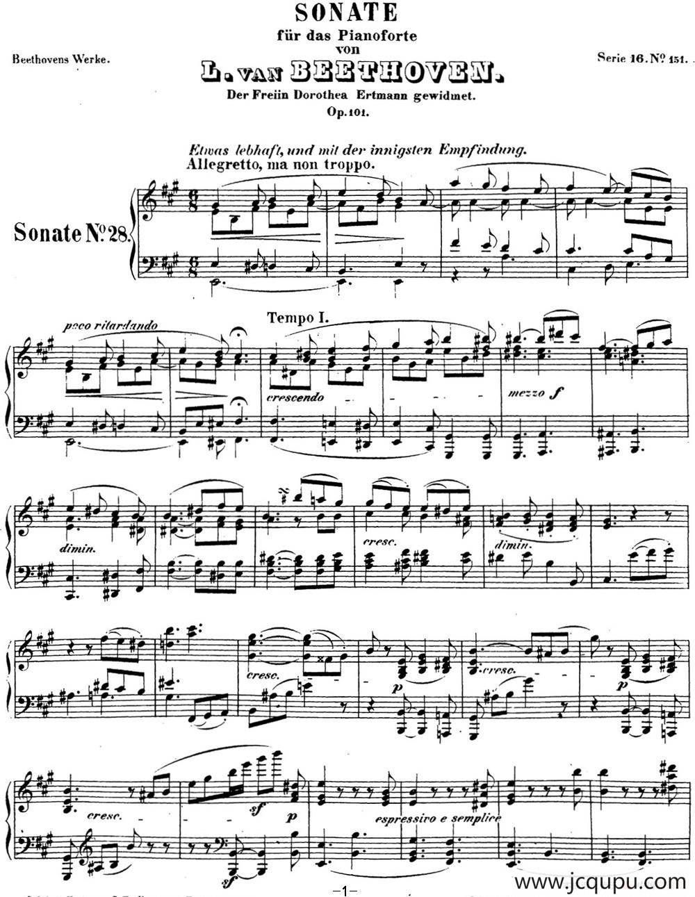 贝多芬钢琴奏鸣曲28 A大调 Op.101 A major简谱