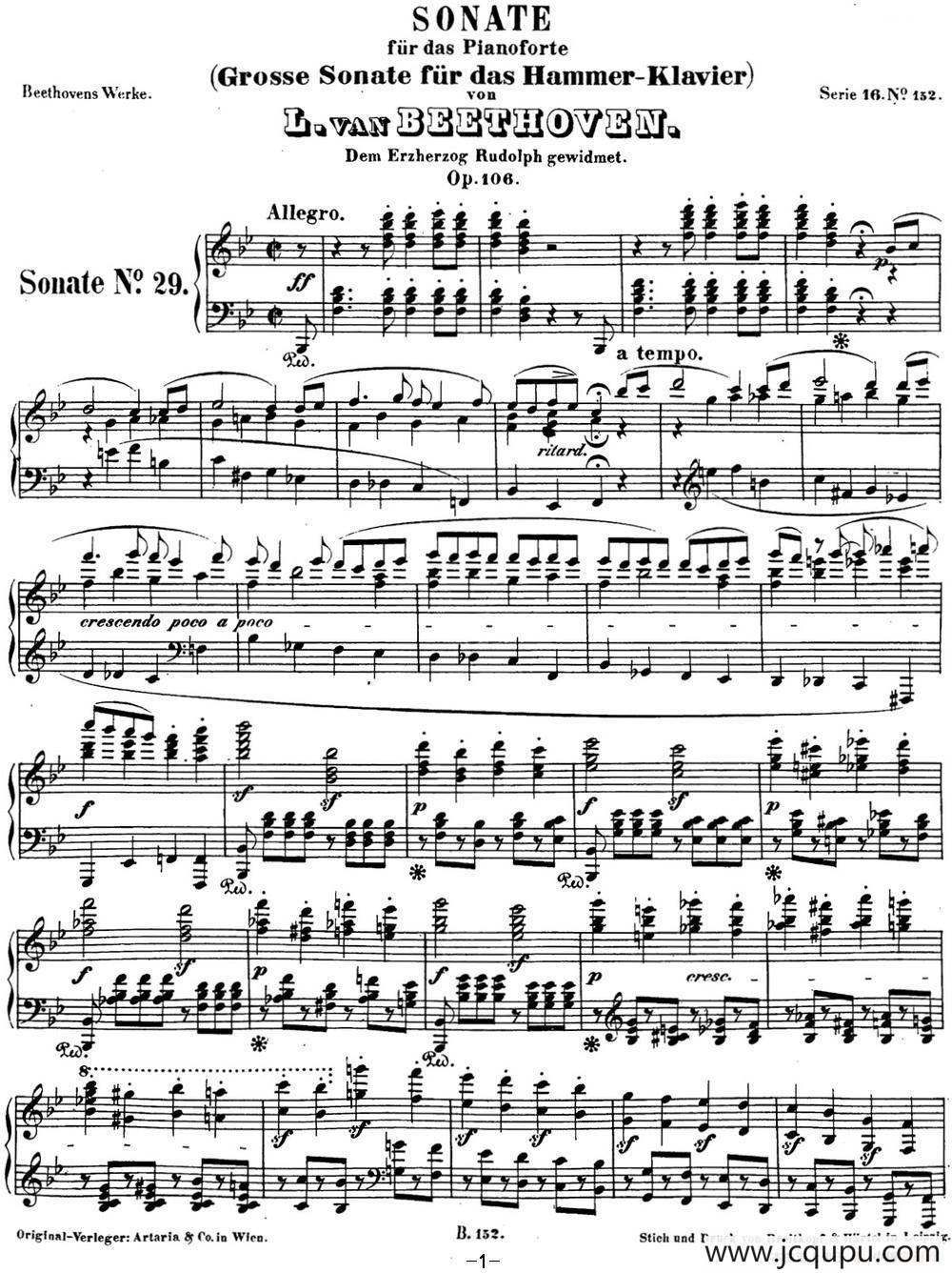 贝多芬钢琴奏鸣曲29 钢琴（锥子键琴）降B大调 Op.106 B-flat major简谱