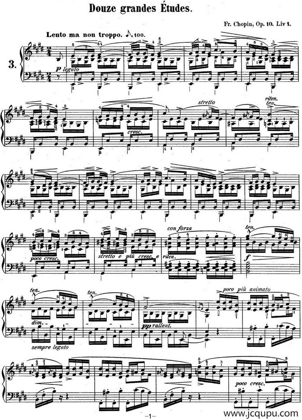 肖邦练习曲3 Op.10 No.3 离别 E大调 E major Tristesse简谱