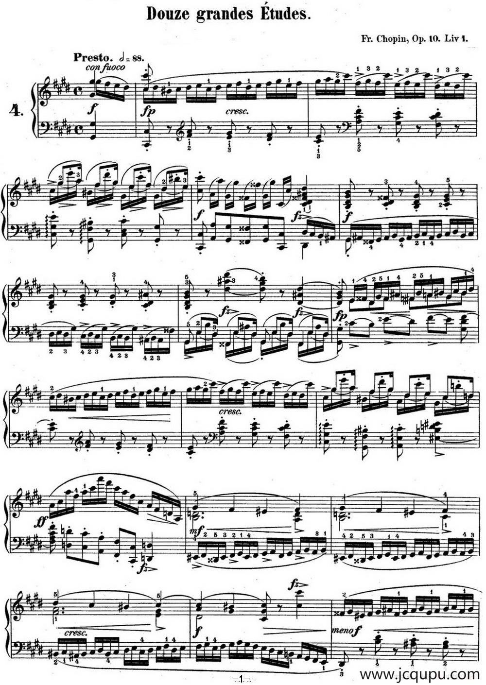 肖邦练习曲4 Op.10 No.4 激流 升c小调 C minor Torrent简谱