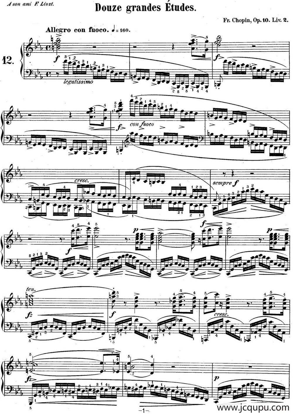 肖邦练习曲12 Op.10 No.12 革命 c小调 C minor Revolutionary简谱