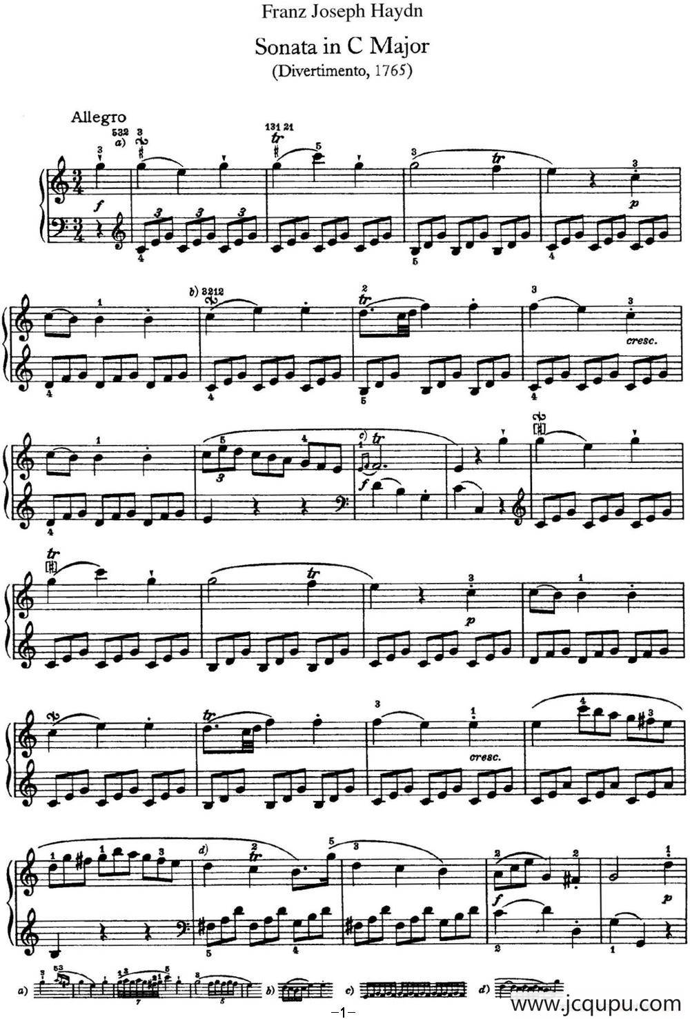 海顿 钢琴奏鸣曲 Hob XVI 3 Divertimento C major简谱