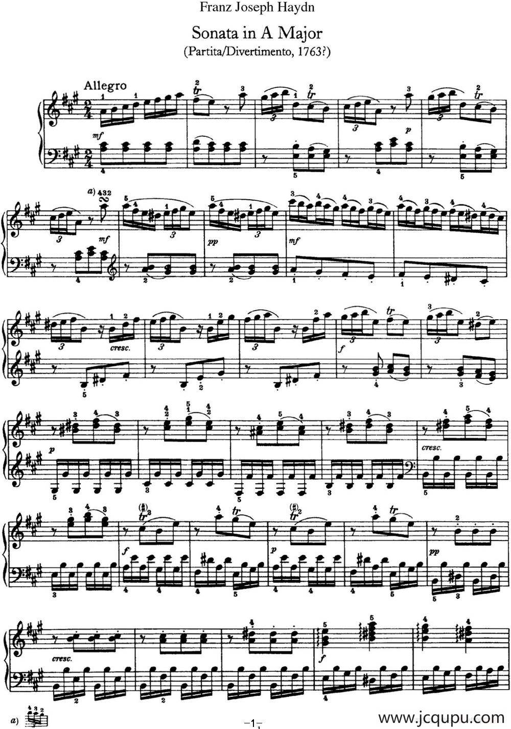海顿 钢琴奏鸣曲 Hob XVI 5 Divertimento A major简谱