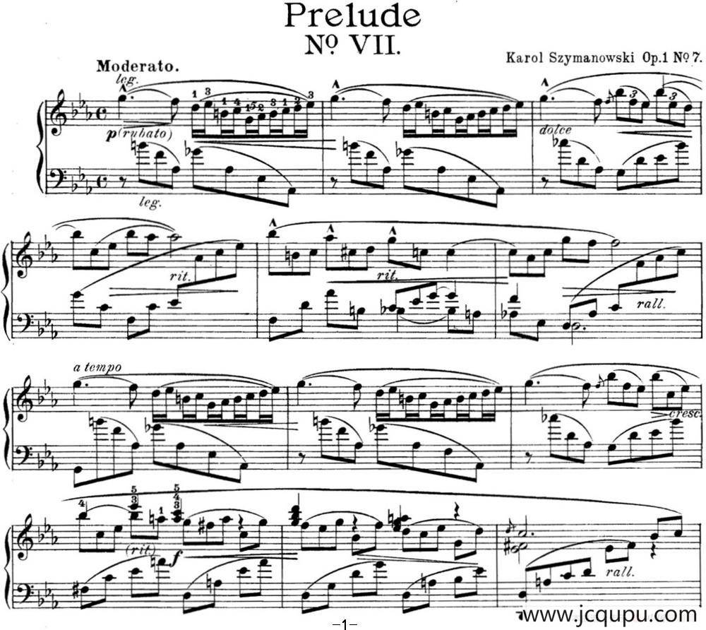 希曼诺夫斯基 9首钢琴前奏曲 Op.1 No.7简谱