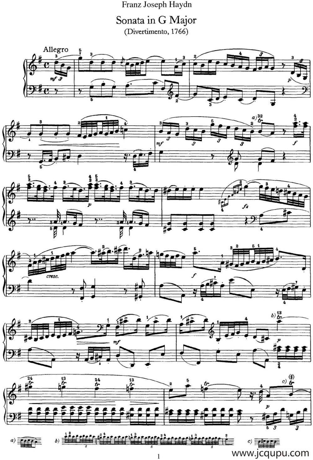 海顿 钢琴奏鸣曲 Hob XVI 6 Partita G major简谱