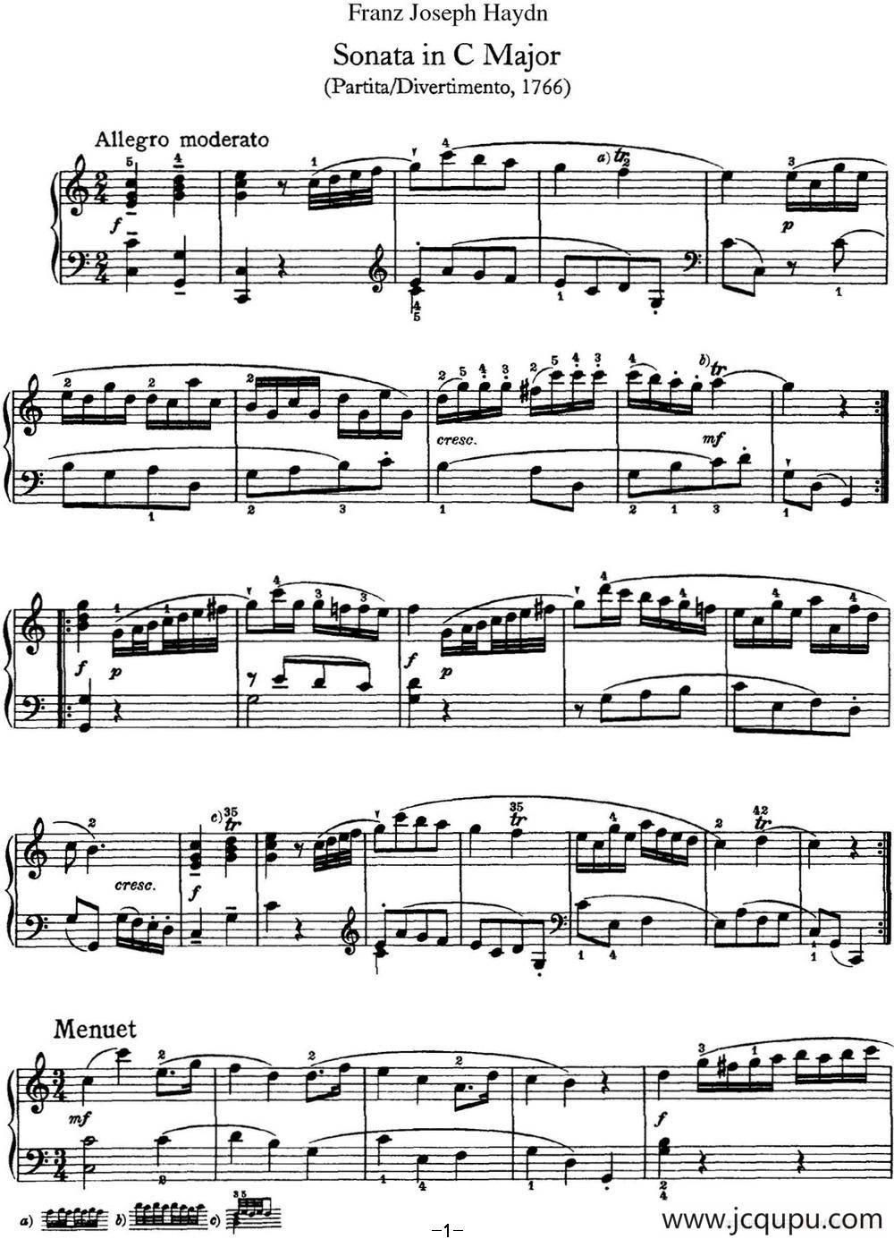 海顿 钢琴奏鸣曲 Hob XVI 7 Divertimento C major简谱