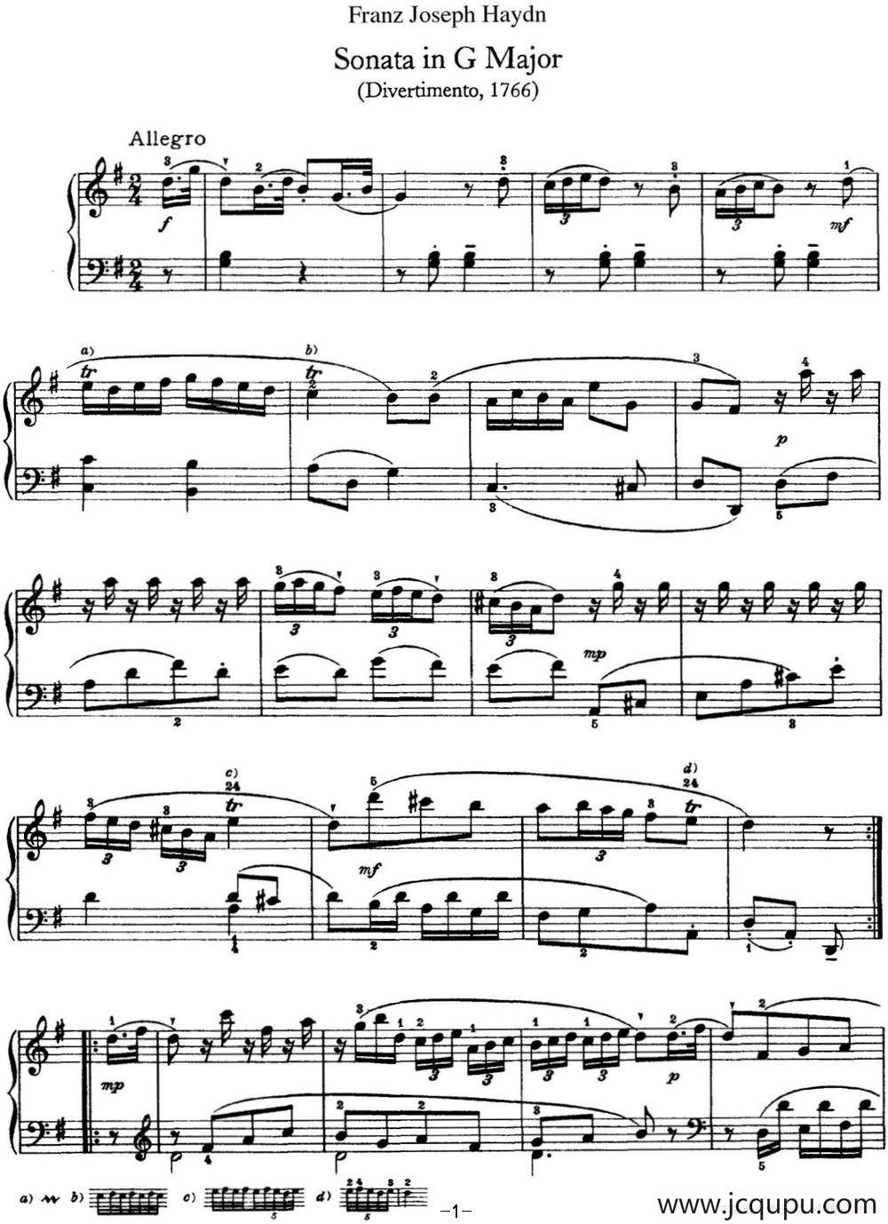 海顿 钢琴奏鸣曲 Hob XVI 8 Divertimento G major简谱