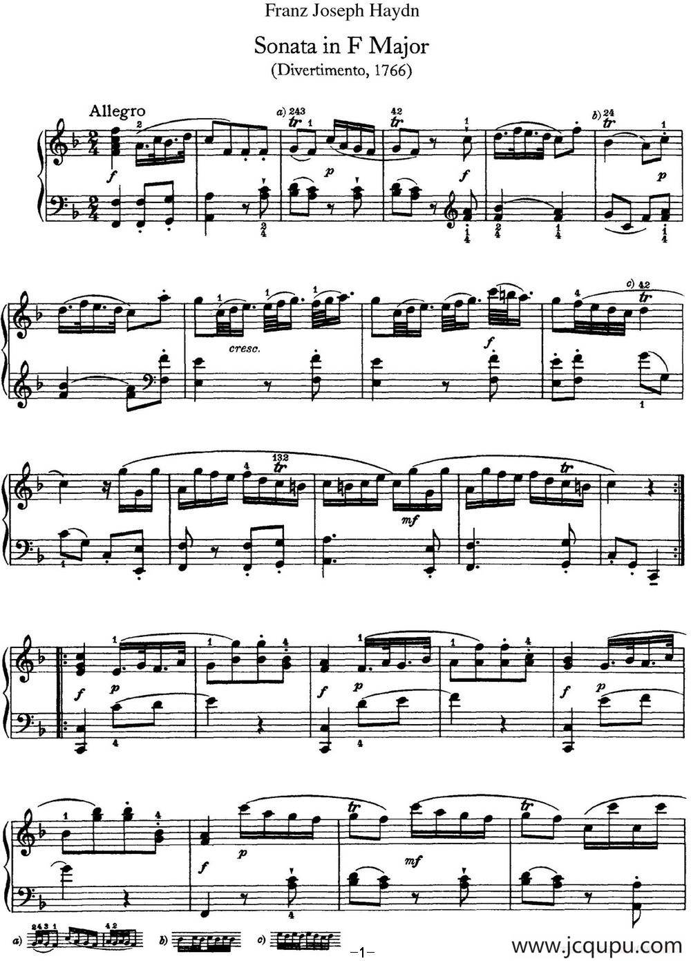 海顿 钢琴奏鸣曲 Hob XVI 9 Divertimento F major简谱