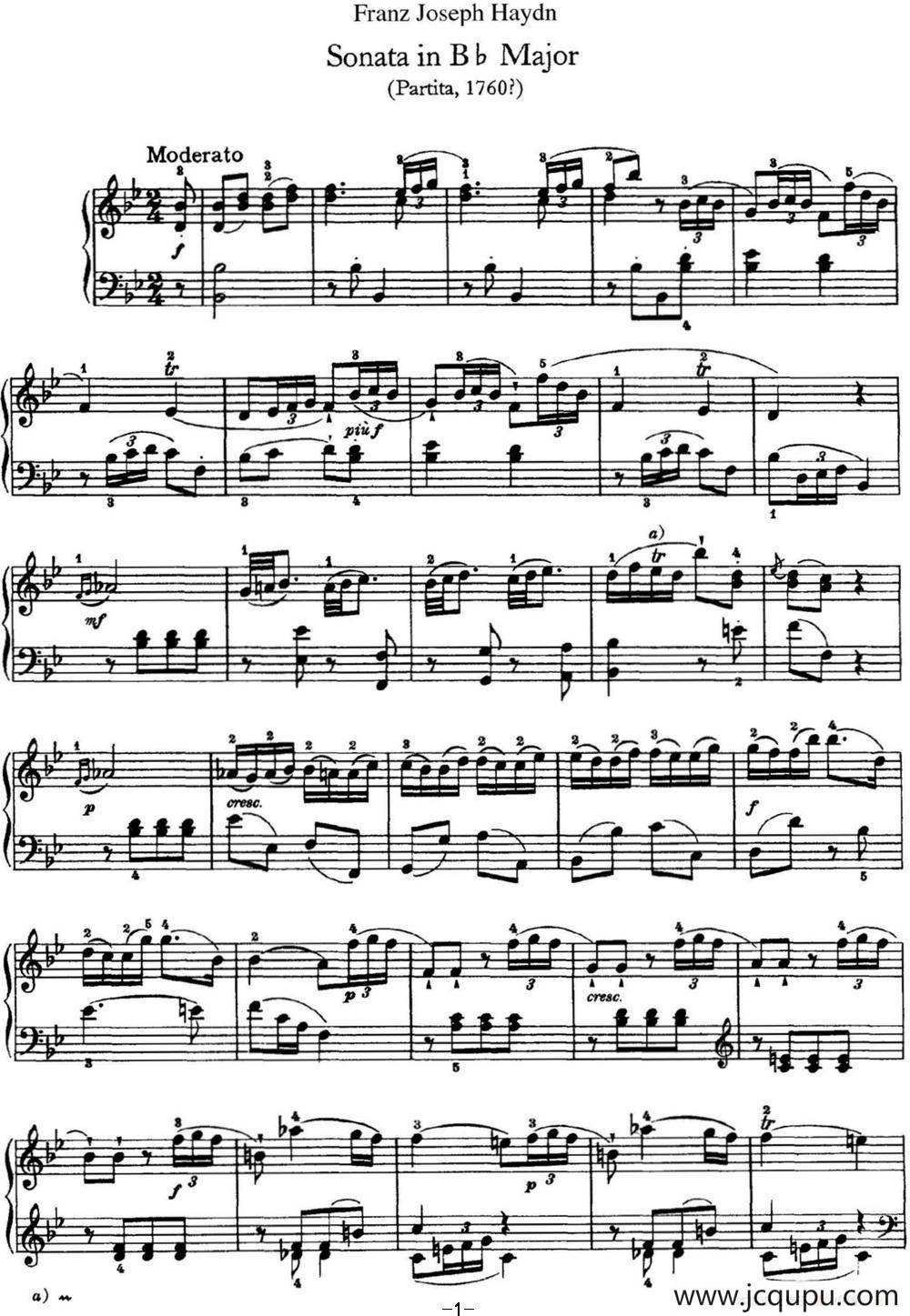 海顿 钢琴奏鸣曲 Hob XVI 2 Partita B-flat major简谱