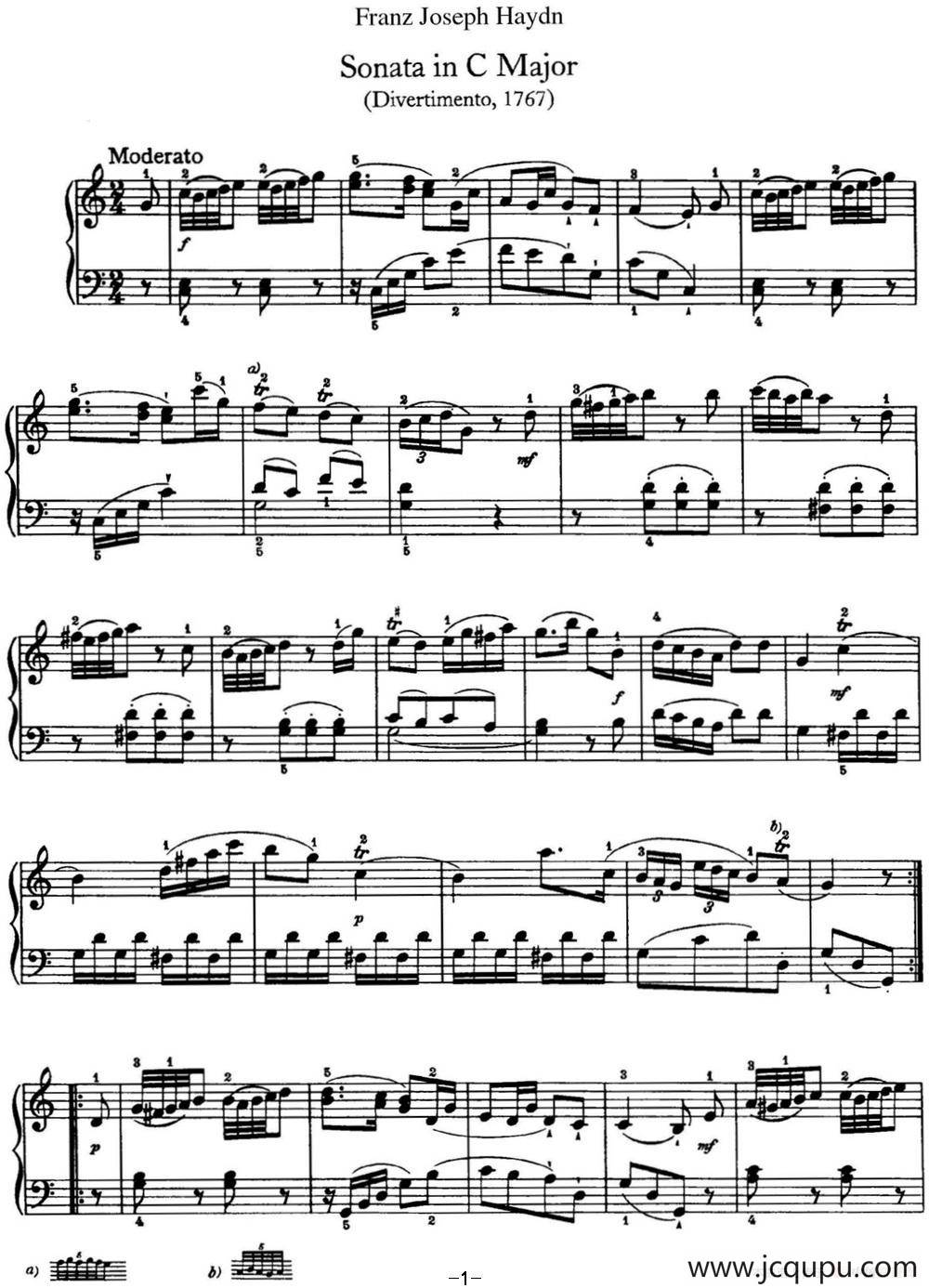 海顿 钢琴奏鸣曲 Hob XVI 10 Divertimento C major简谱