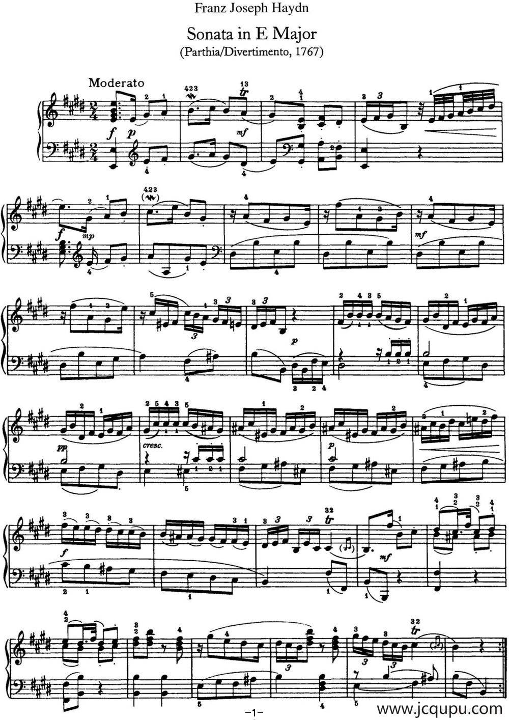 海顿 钢琴奏鸣曲 Hob XVI 13 Partita E major简谱