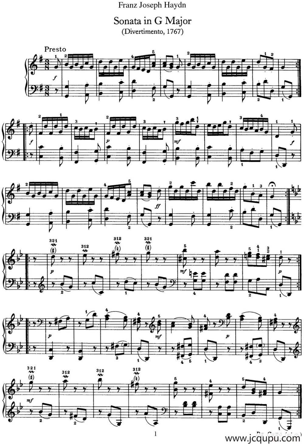 海顿 钢琴奏鸣曲 Hob XVI 11 Divertimento G major简谱