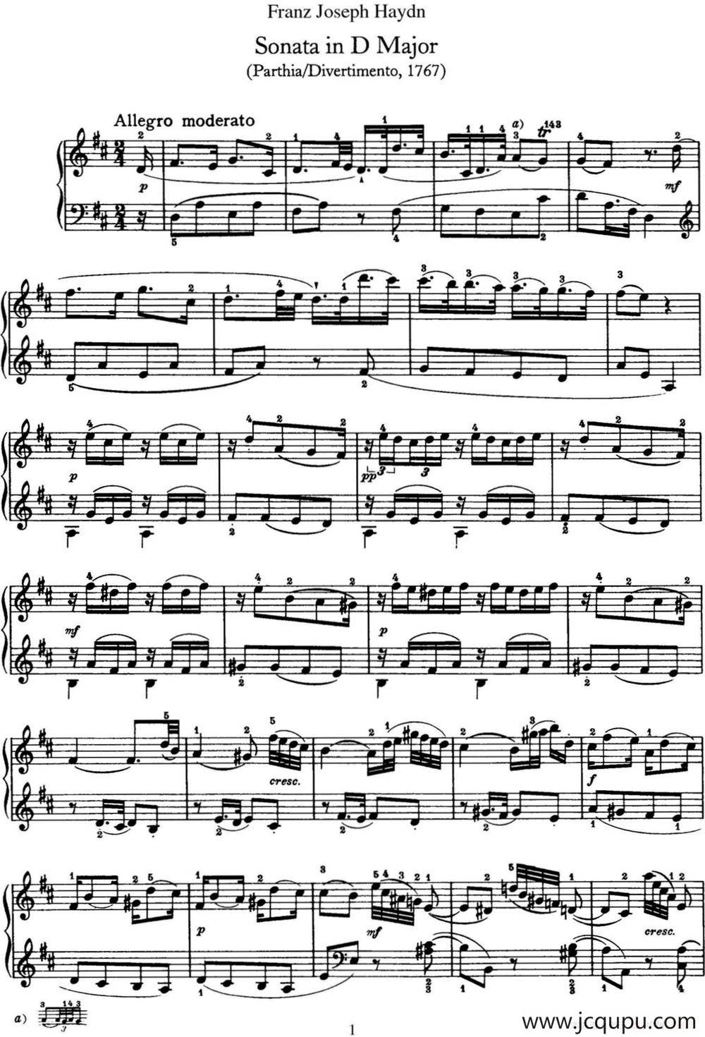 海顿 钢琴奏鸣曲 Hob XVI 14 Partita D major简谱