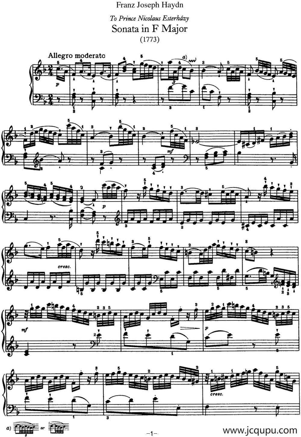 海顿 钢琴奏鸣曲 Hob XVI 23 in F major简谱