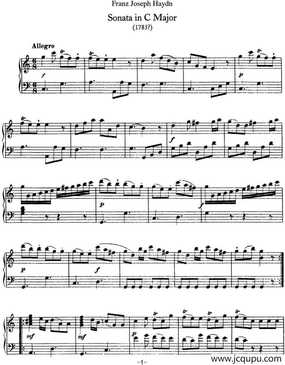 海顿 钢琴奏鸣曲 Hob XVI 15 in C major简谱