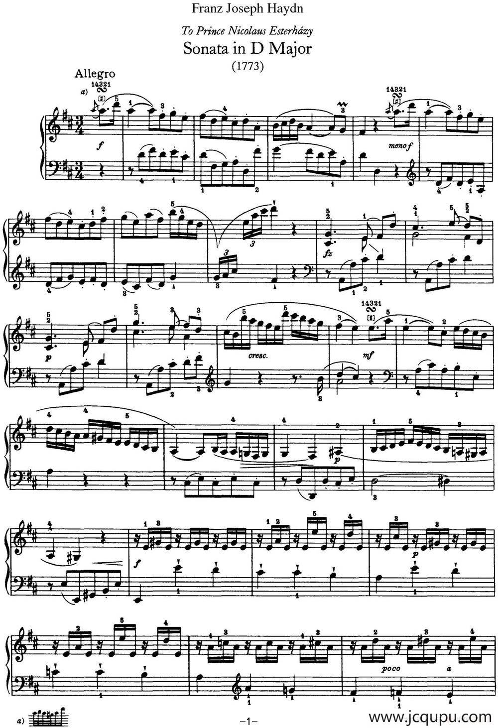 海顿 钢琴奏鸣曲 Hob XVI 24 in D major简谱