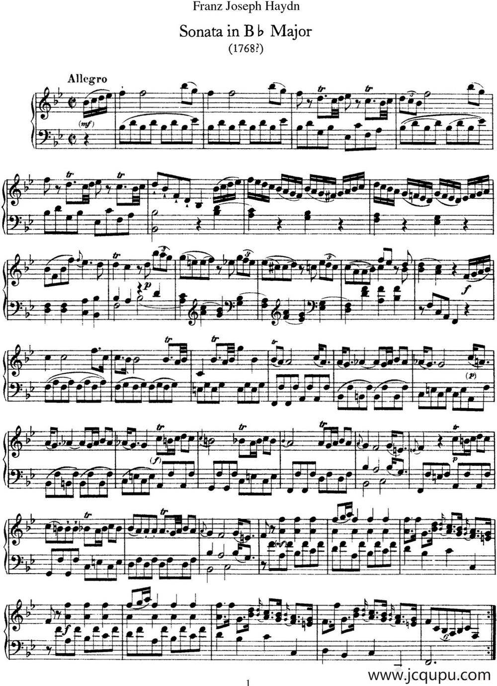 海顿 钢琴奏鸣曲 Hob XVI 17 in B-flat major简谱
