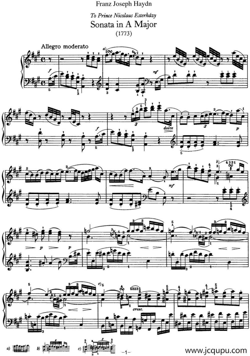 海顿 钢琴奏鸣曲 Hob XVI 26 in A major简谱