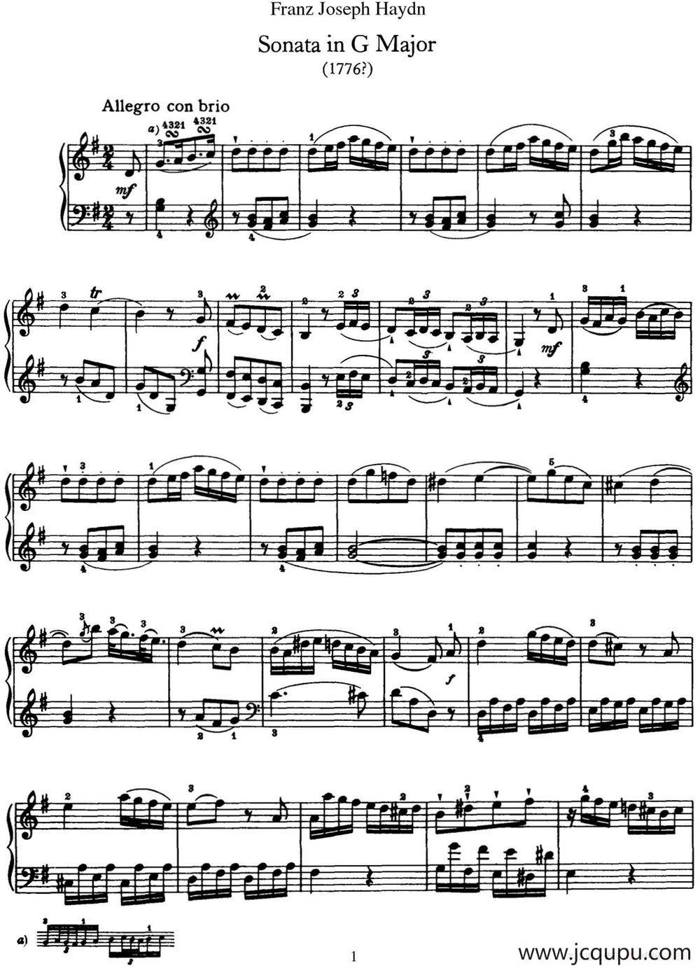 海顿 钢琴奏鸣曲 Hob XVI 27 in G major简谱