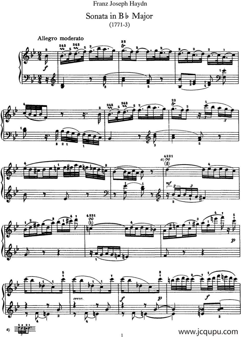 海顿 钢琴奏鸣曲 Hob XVI 18 in B-flat major简谱