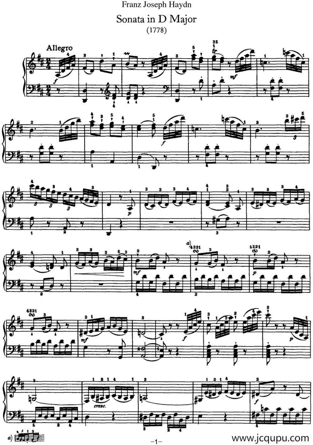 海顿 钢琴奏鸣曲 Hob XVI 33 in D major简谱