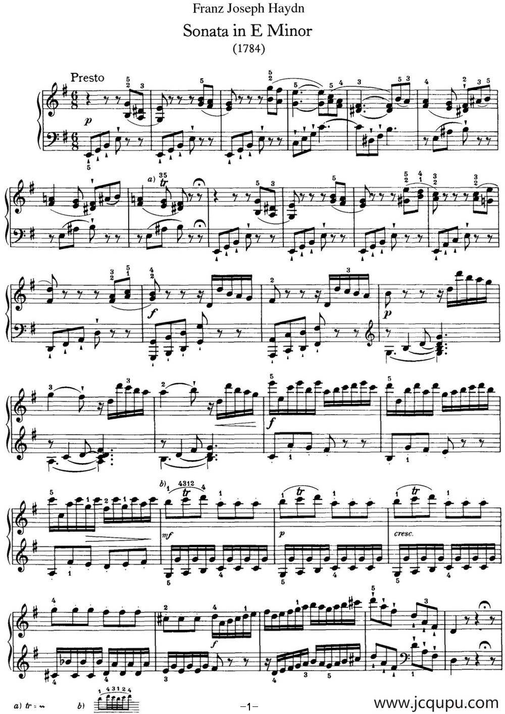 海顿 钢琴奏鸣曲 Hob XVI 34 in E minor简谱