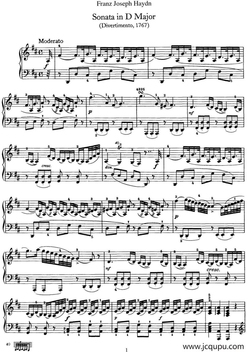 海顿 钢琴奏鸣曲 Hob XVI 19 Divertimento D major简谱